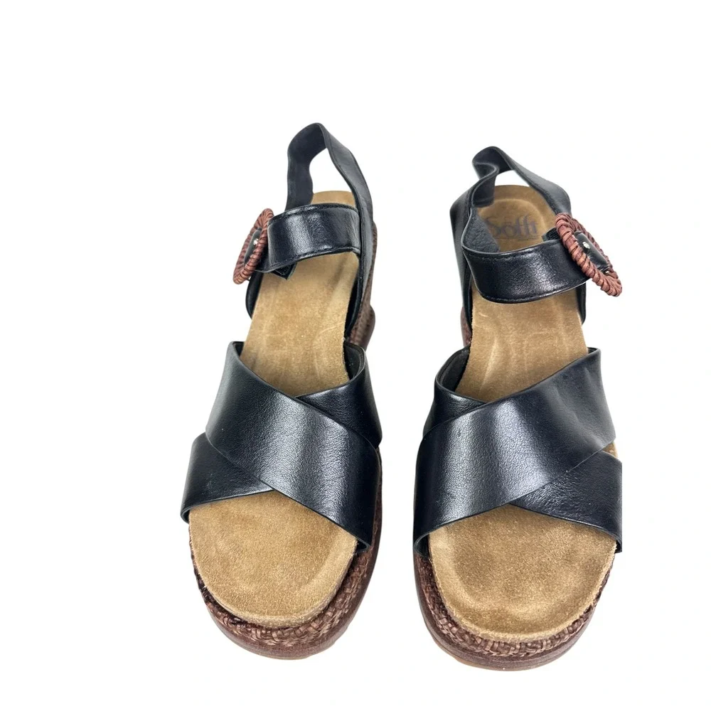 Sofft Black Leather Wedge Sandals Woven Platform Buckle Detail Womens 7.5 M